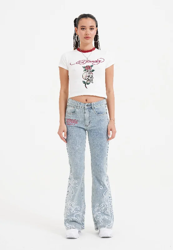 Women's Palazzo PantsWomens Jumping Koi Denim Flared Jeans - Bleach