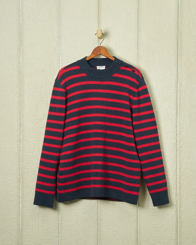 Women's Keyhole Collar SweatersBateau Sweater in Navy/Red Stripe