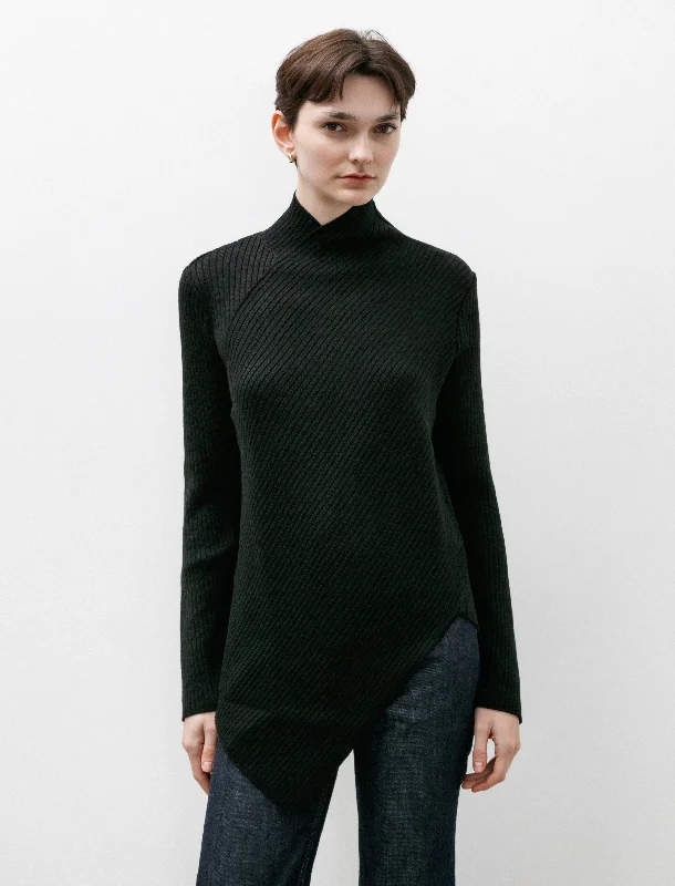 Women's Czech Wool SweatersAsymmetrical Rib Knit Mockneck Black