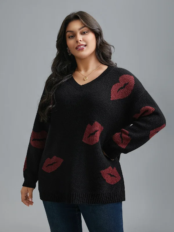 Women's Boat Neck SweatersLip Print Contrast Knit Pullover