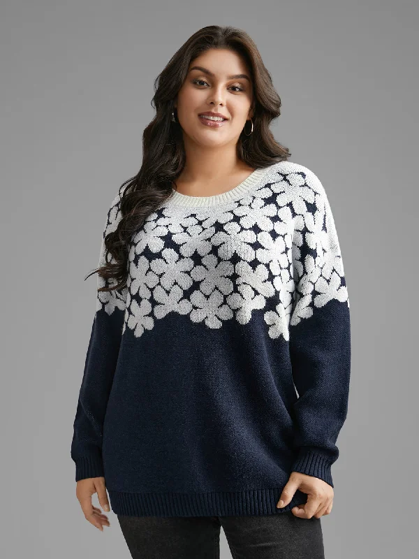 Women's Czech Wool SweatersFloral Contrast Patchwork Drop Shoulder Pullover