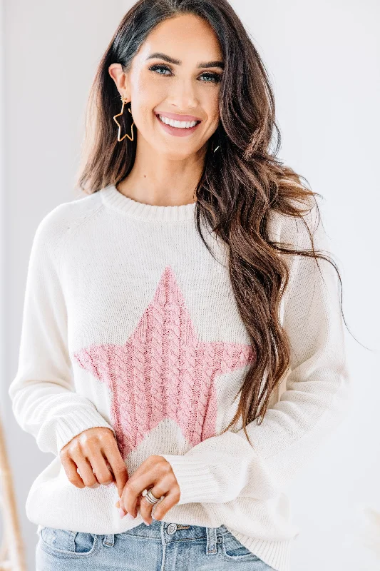 Women's Square Collar SweatersAll For Love Oatmeal and Pink Star Sweater