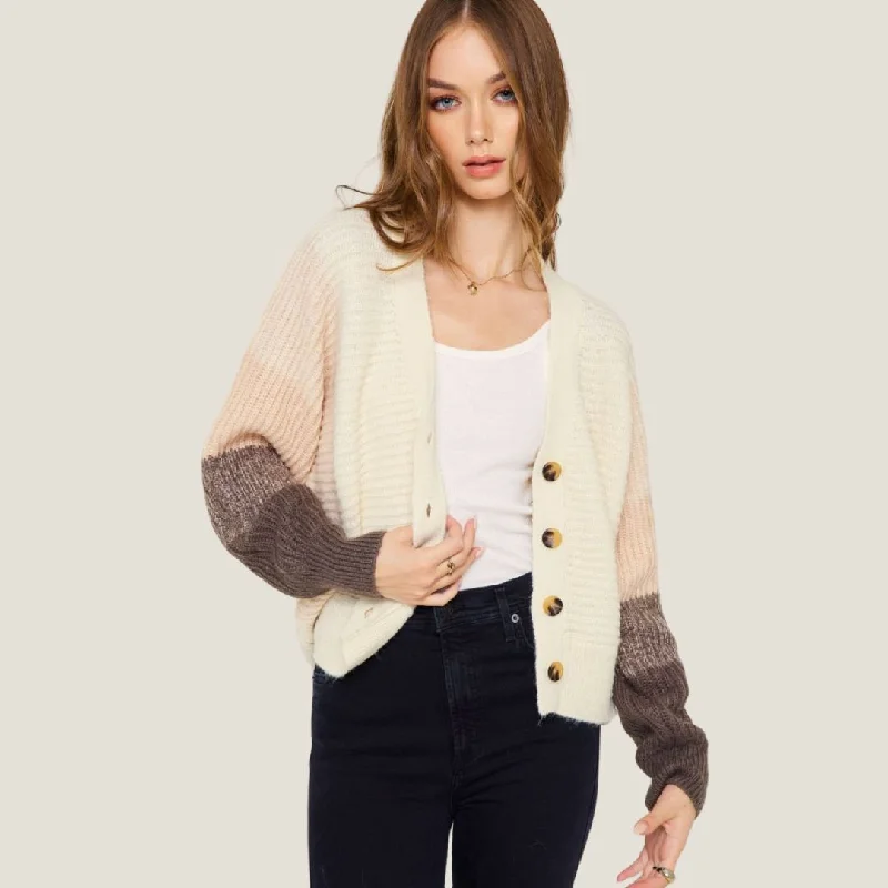 Women's Lapel Collar SweatersOmbre Sleeve Cardigan (Cream Mauve Charcoal)