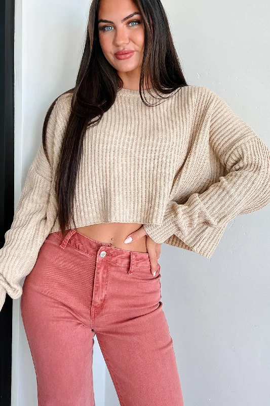 Women's Lapel Collar SweatersCoziest Memories Crewneck Crop Sweater (Taupe)