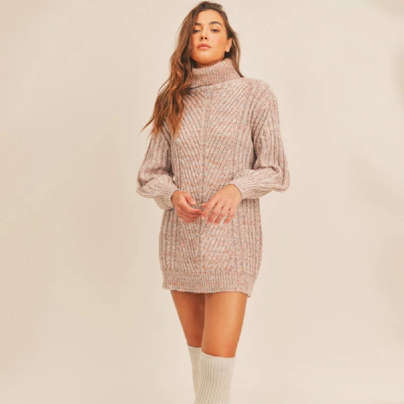 Women's Turtleneck SweatersHigh Neck Balloon Sleeve Sweater Dress (Multi Colour + Cream)