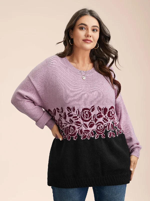 Women's Square Collar SweatersJacquard Floral Pattern Contrast Drop-Shoulder Pullover