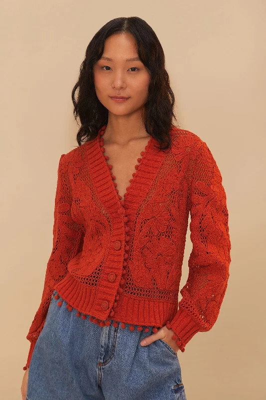 Women's Collarless Design SweatersOrange Floral Knit Cardigan