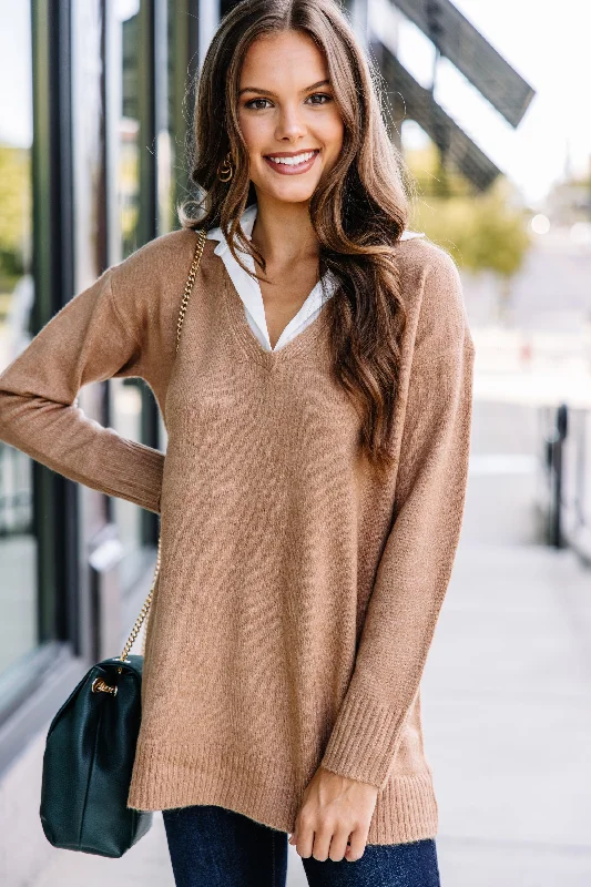 Women's Collarless Design SweatersTop Of The Class Camel Brown Sweater