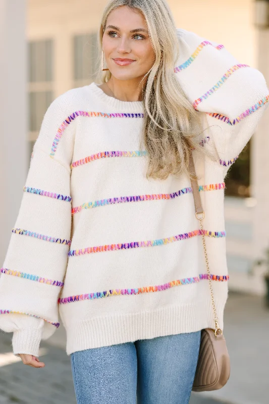 Women's Low Collar SweatersStuck On You Cream White Rainbow Stitched Sweater