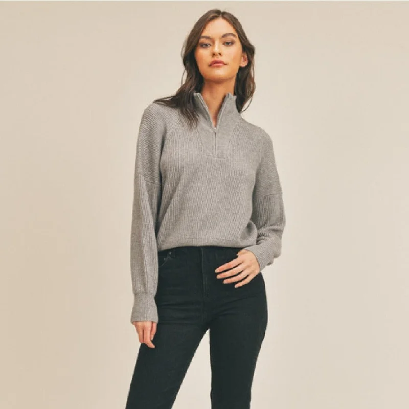 Women's Rounded Collar SweatersHalf Zip Sweater (Grey)