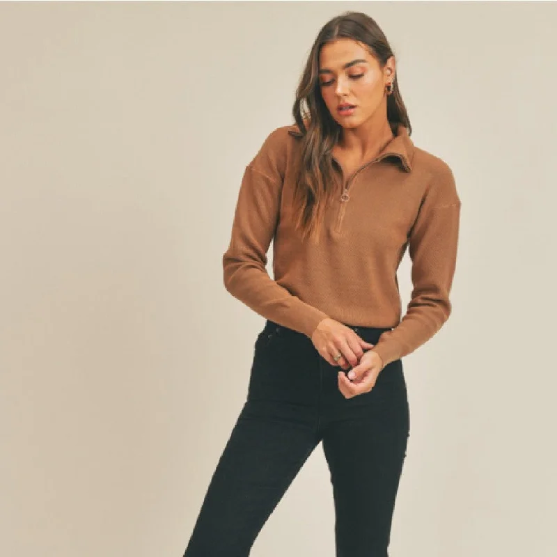 Women's Straight Hem SweatersHalf Zip Sweater (Coffee)