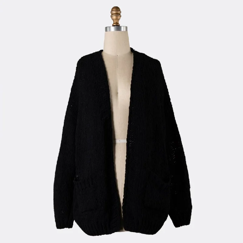 Women's Square Collar SweatersChunky Chenille Cable Knit Cardigan (Black)