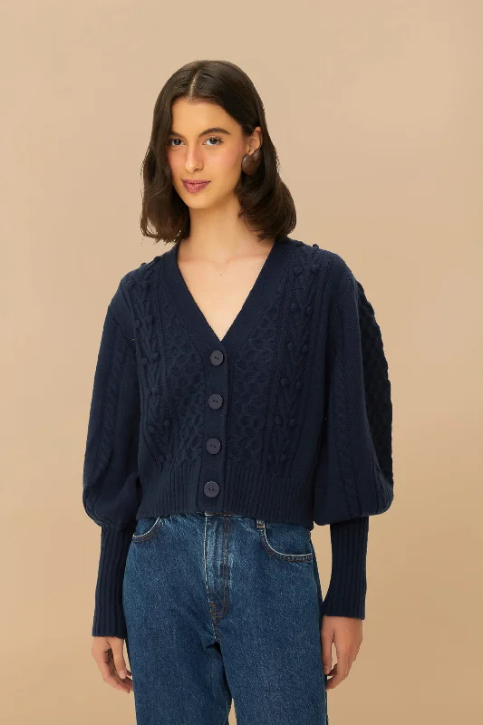 Women's Bell Sleeve SweatersNavy Blue Mixed Stitches Knit Cardigan