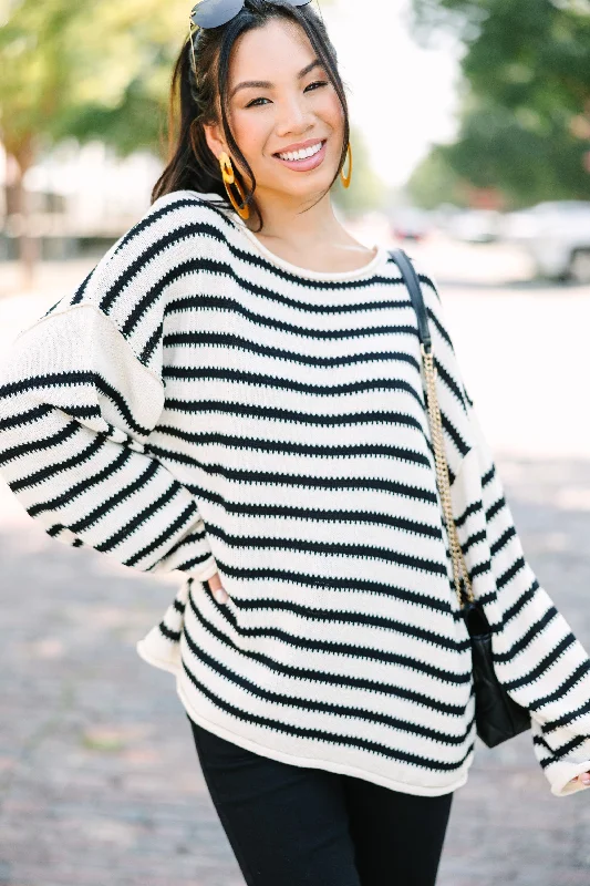 Women's Square Collar SweatersBe Happy Ivory White Striped Sweater