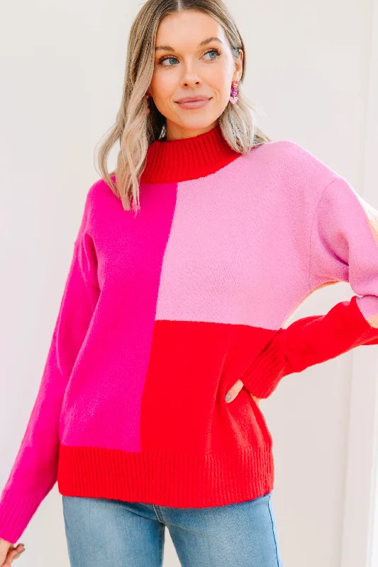 Women's Shawl Collar SweatersAll Good Hot Pink Colorblock Sweater