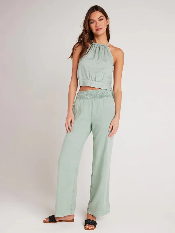 Women's Jodhpurs with Shirt CollarSmocked Waist Wide Leg Pant - Oasis Green