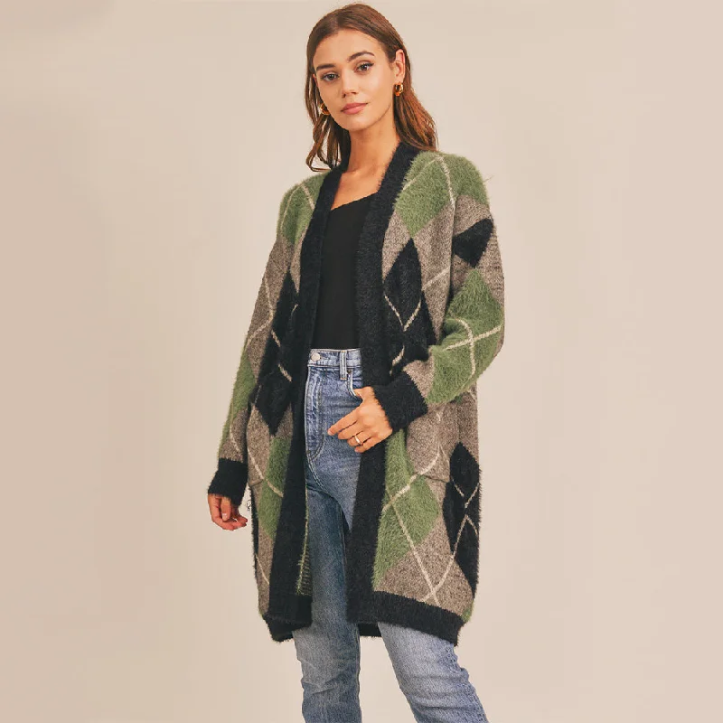 Women's Keyhole Collar SweatersFuzzy Plaid Jacquard Cardigan (Green Multi)