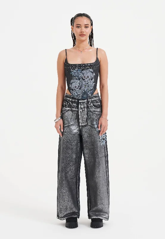 Women's Jodhpurs with Belt LoopsWomens Butterfly Skull Metallic Xxtra Denim Trousers Jeans - Black