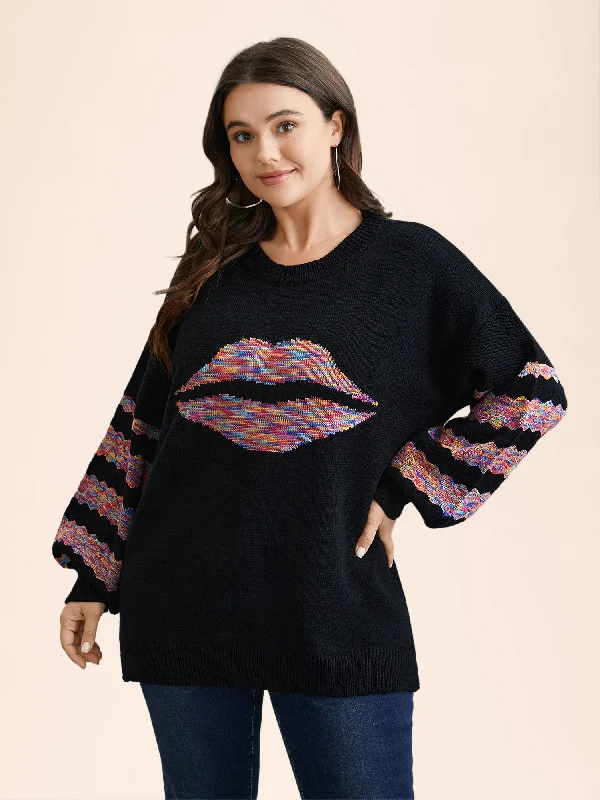 Women's Shawl Collar SweatersLips Motif Jacquard Color Contrast Pullover