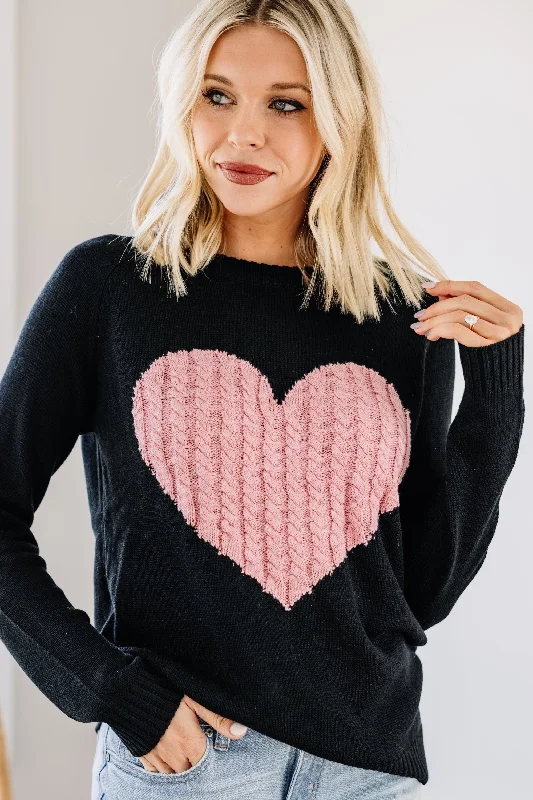 Women's Shirt Collar SweatersAll For Love Black And Pink Heart Sweater