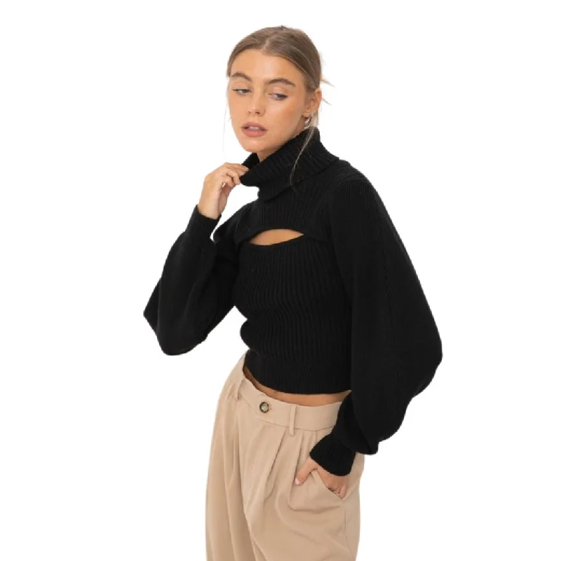 Women's Boat Collar SweatersFront Cut Out Turtleneck Sweater (Black)