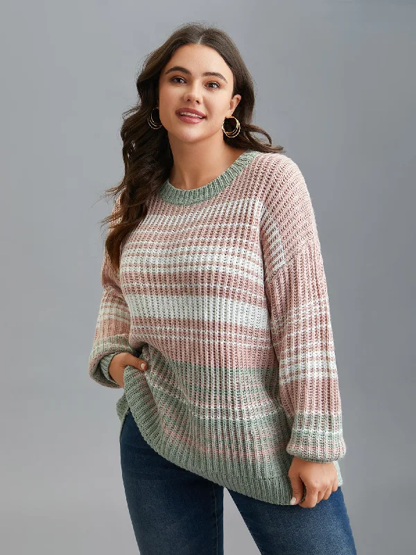 Women's High Collar SweatersStriped Contrast Colors Ribbed Pullover