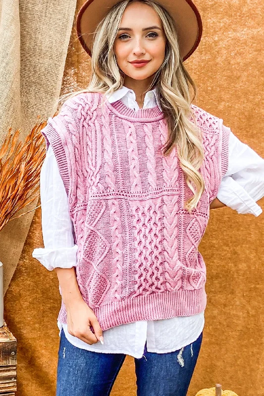 Women's Square Collar SweatersWashed Cable Knit Sweater Vest (Mauve)