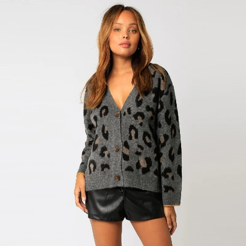 Women's Scoop Neck SweatersCardigan (Grey Leopard)