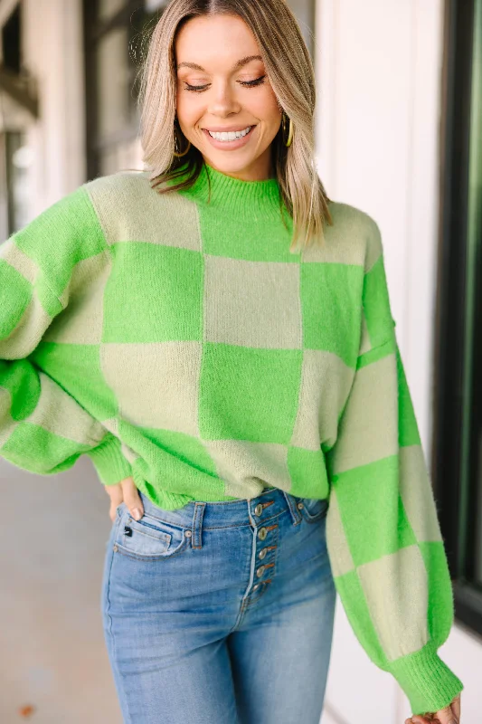 Women's Long Sleeve SweatersBetter Together Lime Green Checkered Sweater