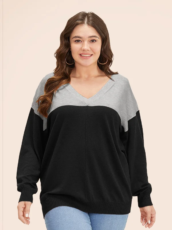 Women's Pleated SweatersSupersoft Essentials Colorblock Two Tone Patchwork V Neck Pullover