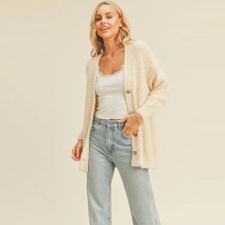 Women's Asymmetrical Hem SweatersMohair Blend Knit Cardigan (Cream)