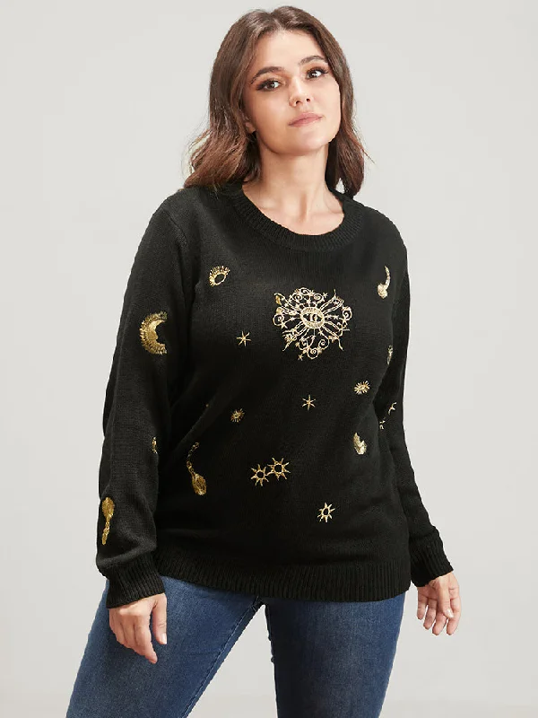 Women's Turtleneck SweatersHalloween Moon And Star Pointelle Knit Embroidered Knit Top