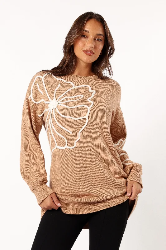 Women's U-Shaped Neck SweatersCarmello Flower Knit Sweater - Mocha