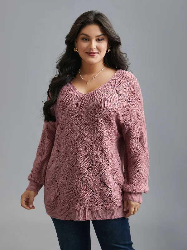 Women's Long Length SweatersV Neck Cut-Out Pattern Textured Pullover