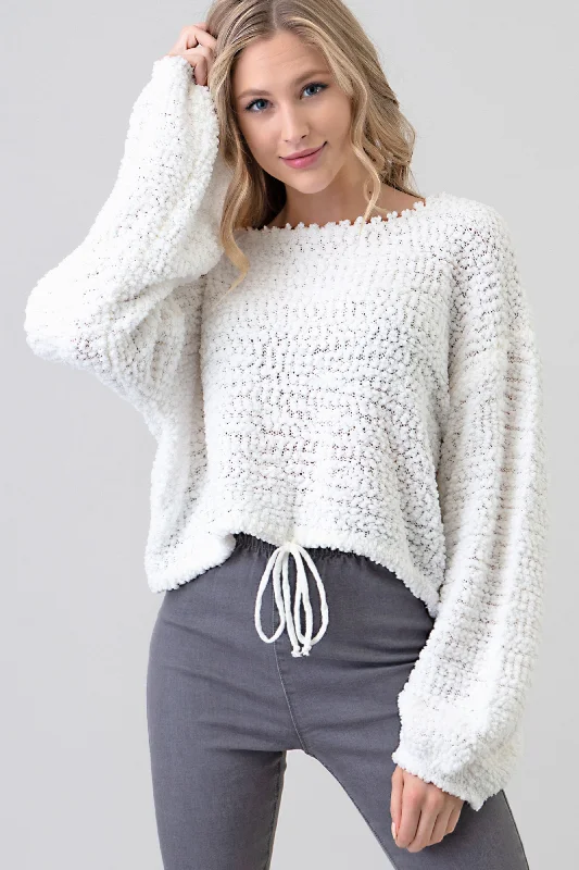 Women's Wide Collar SweatersPopcorn Cream Knit Sweater With Drawsting Bottom