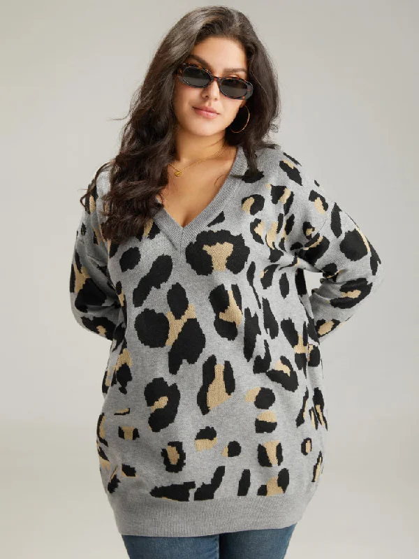 Women's Woolen SweatersAnti-Pilling Leopard Elastic Cuffs Pullover