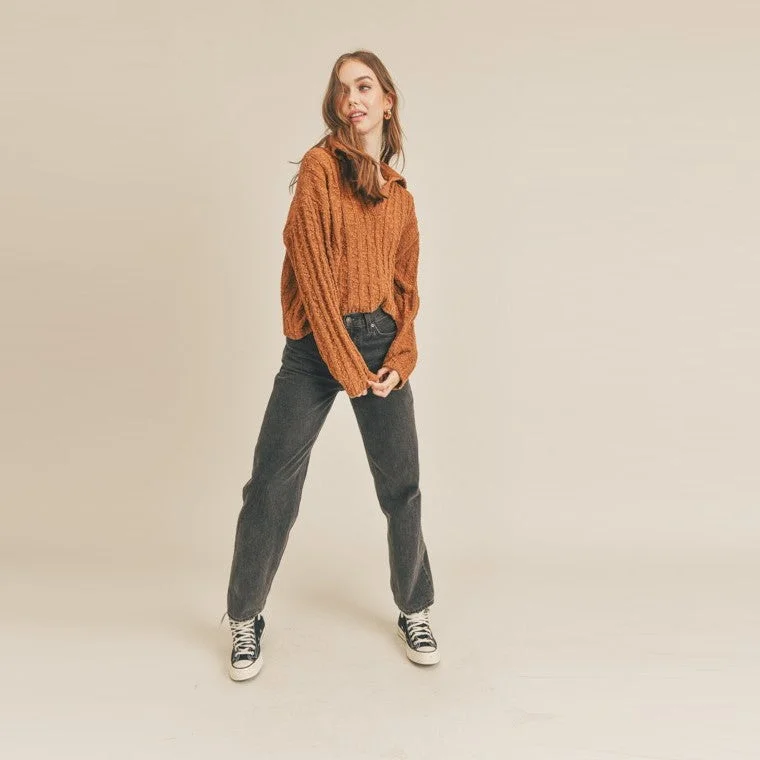 Women's Mandarin Collar SweatersCollared Knit Sweater (Maple Coffee)