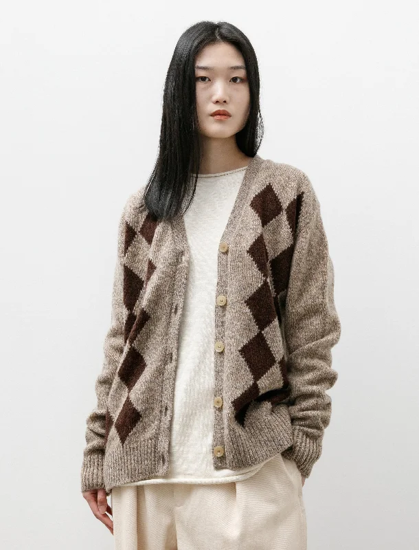 Women's Short Sleeve SweatersShetland Argyle Cardigan Dark Beige + Dark Brown