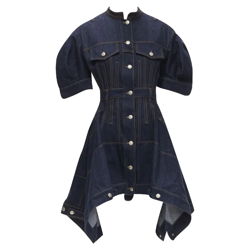 Women's Wide Collar DressesAlexander McQueen indigo denim corset rounded sleeve dress