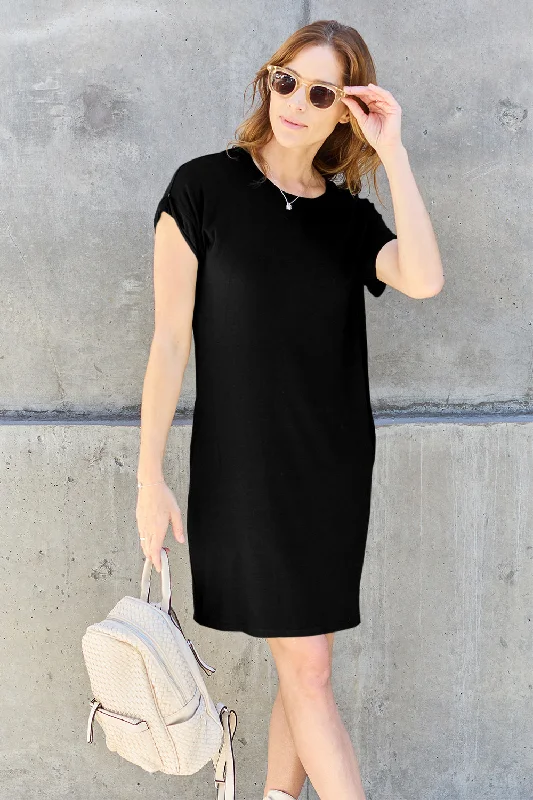 Women's Tiered DressesBamboo Full Size Round Neck Short Sleeve Dress with Pockets