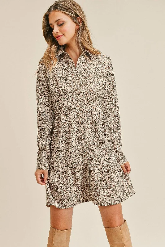 Women's Racerback DressesCorduroy Printed Button Down Front Collar Long Sleeve Dress