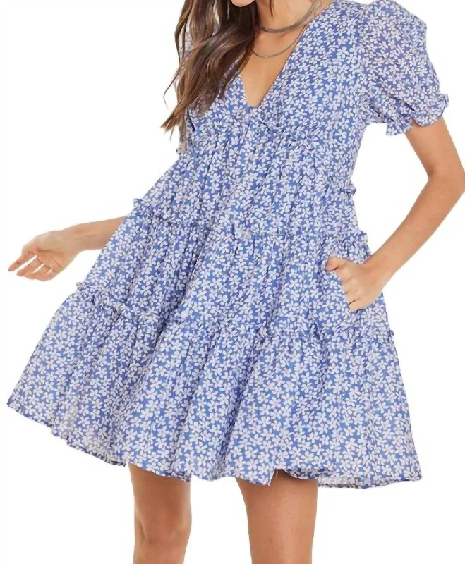 Women's Keyhole Collar DressesFloral Babydoll Dress In Blue