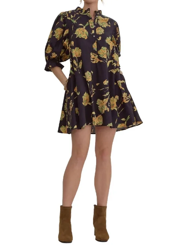 Women's Rounded-Neck DressesFloral Shirt Dress In Black