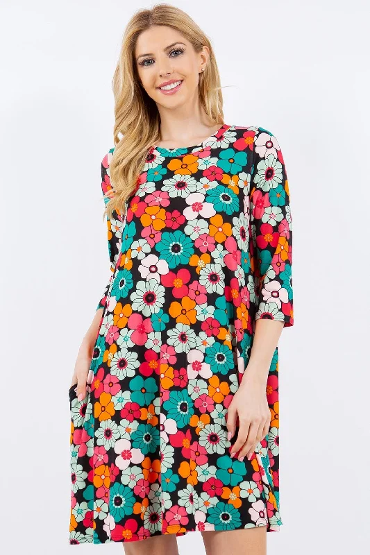 Women's V-Neck DressesFull Size Floral Three-Quarter Sleeve Dress with Pockets