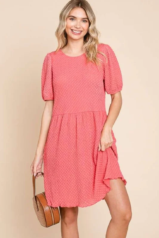 Women's Gathered DressesFull Size Textured Round Neck Puff Sleeve Dress