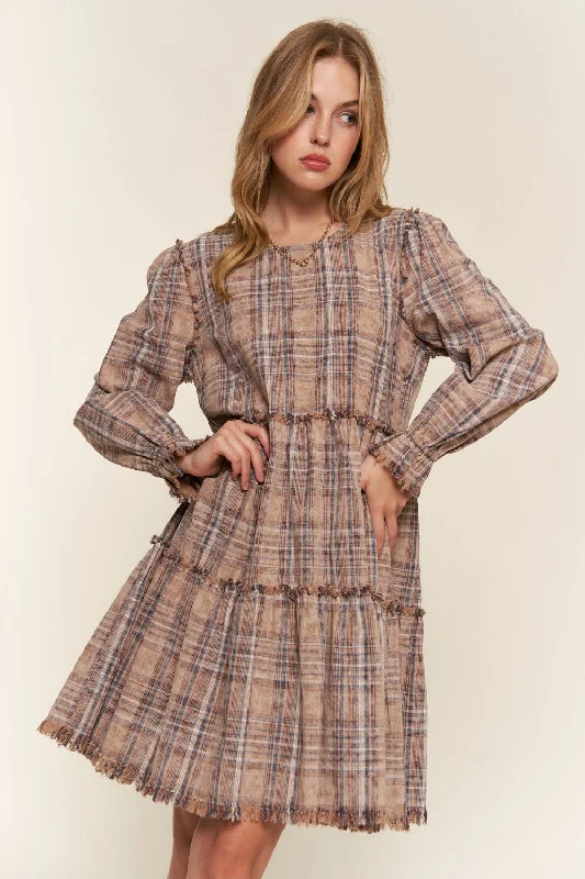 Women's Mandarin-Neck DressesFull Size Washed Frayed Tiered Plaid Dress