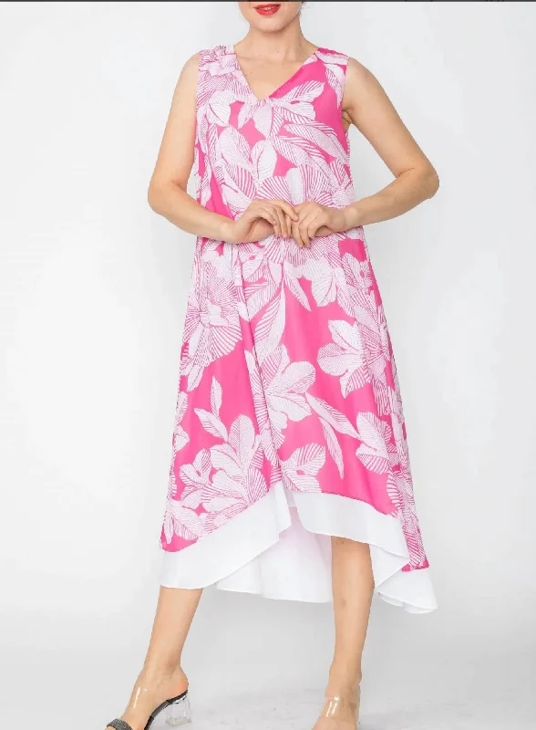 Women's Ruffled DressesHigh & Low Layered V-Neck Dress In Fuchsia