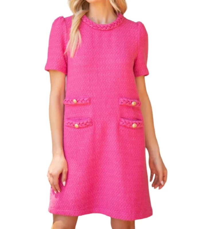 Women's Notched Collar DressesJanie Braid Neck Tweed Dress In Pink