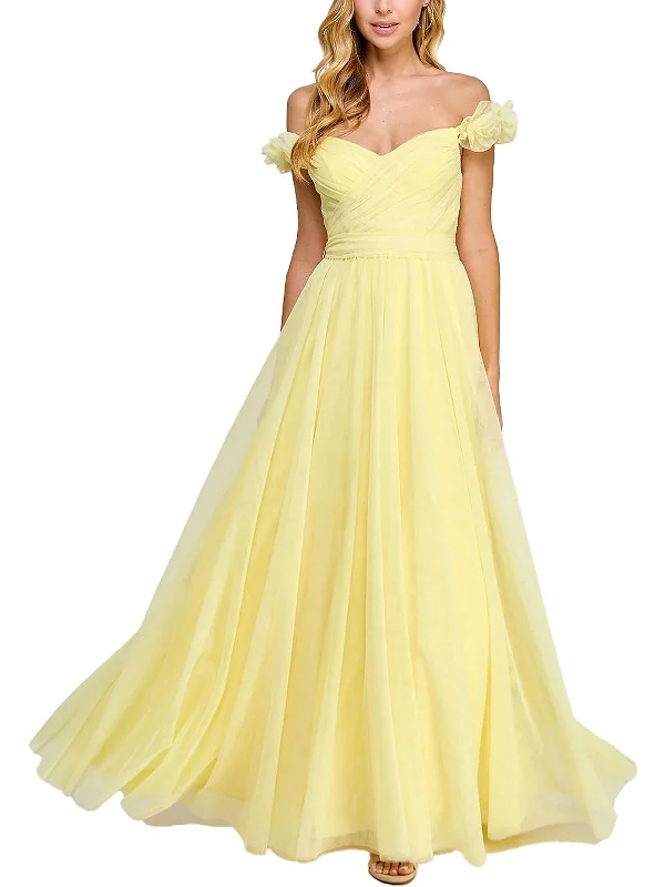 Women's Square-Neck DressesJuniors Womens Tulle Rosette Evening Dress