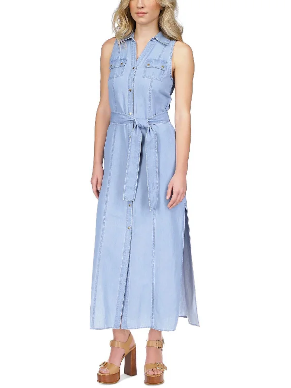 Women's U-Shaped Collar DressesPetites Womens Chambray Sleeveless Shirtdress